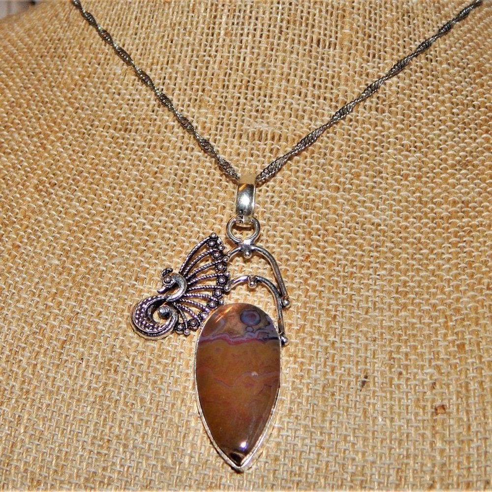 Unique Dragon Wing Stick Agate Pendant 925 Silver Plated  Chain Necklace